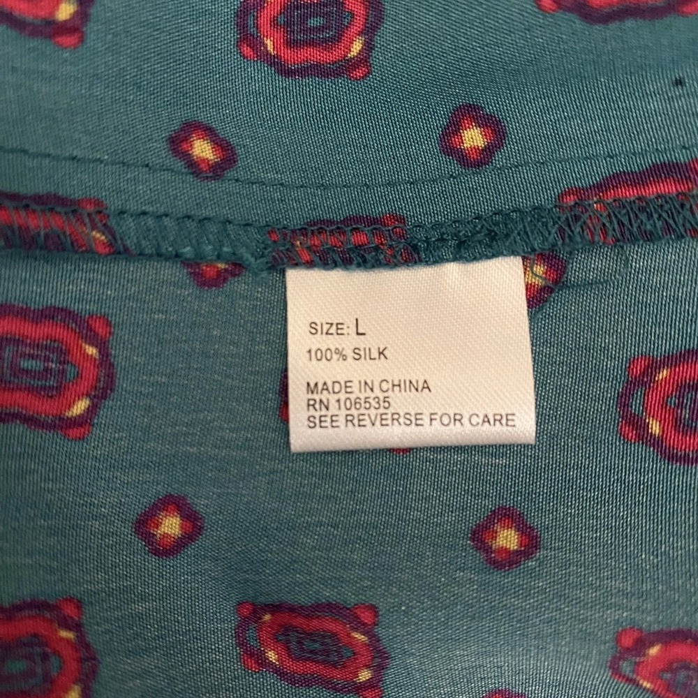 {tl} The letter 100% Silk Shirt Dress‎  Teal Green Yellow Geometric Print Size L - Picture 7 of 7